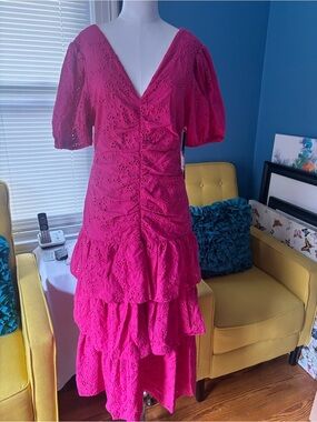 Kensie Fuchsia Eyelet Tiered Maxi Dress